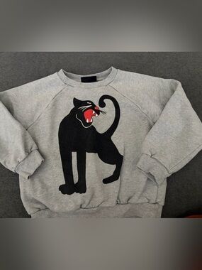 Mini Rodini Gray Sweatshirt with Black Cat Graphic and Red Accent